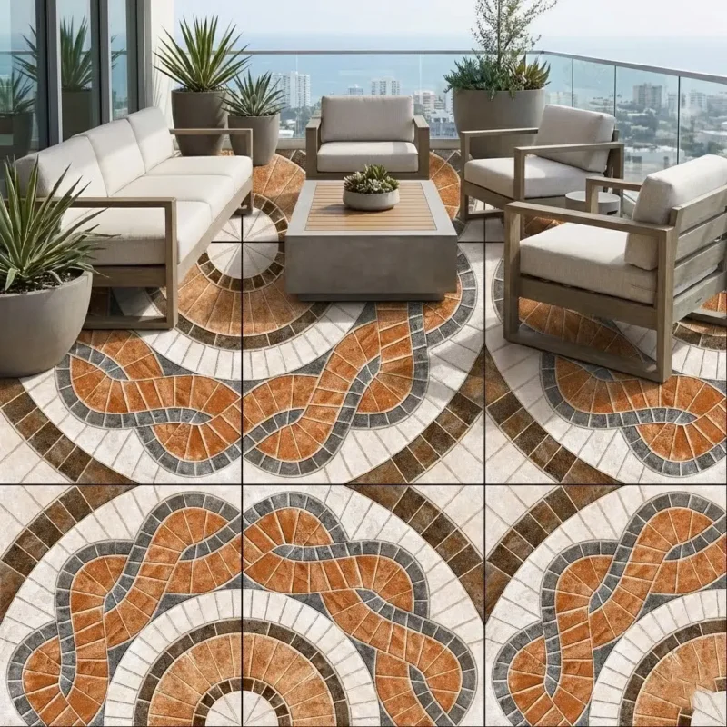 Cerámico exterior Taranto Mocca 45x45 con diseño geométrico circular en tonos mocca, beige y gris para piso de terraza y patio.
