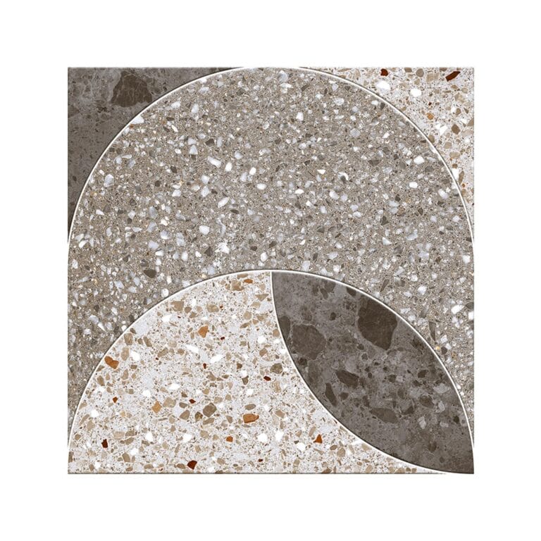 Cerámico geométrico Lecce Gris 45x45 para piso, diseño terrazzo en tonos gris y beige con patrón decorativo moderno.