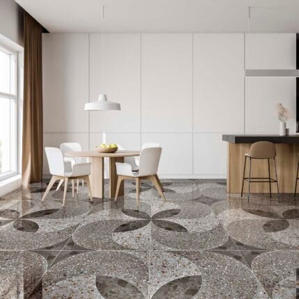 Cerámico geométrico Lecce Gris 45x45 para piso, diseño terrazzo en tonos gris y beige con patrón decorativo moderno.