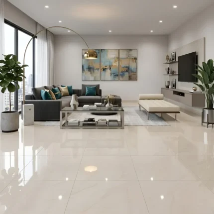 Porcelanato normalizado beige brillante 60x60 cm marmolizado con vetas elegantes para pisos interiores | MARKET CERÁMICO