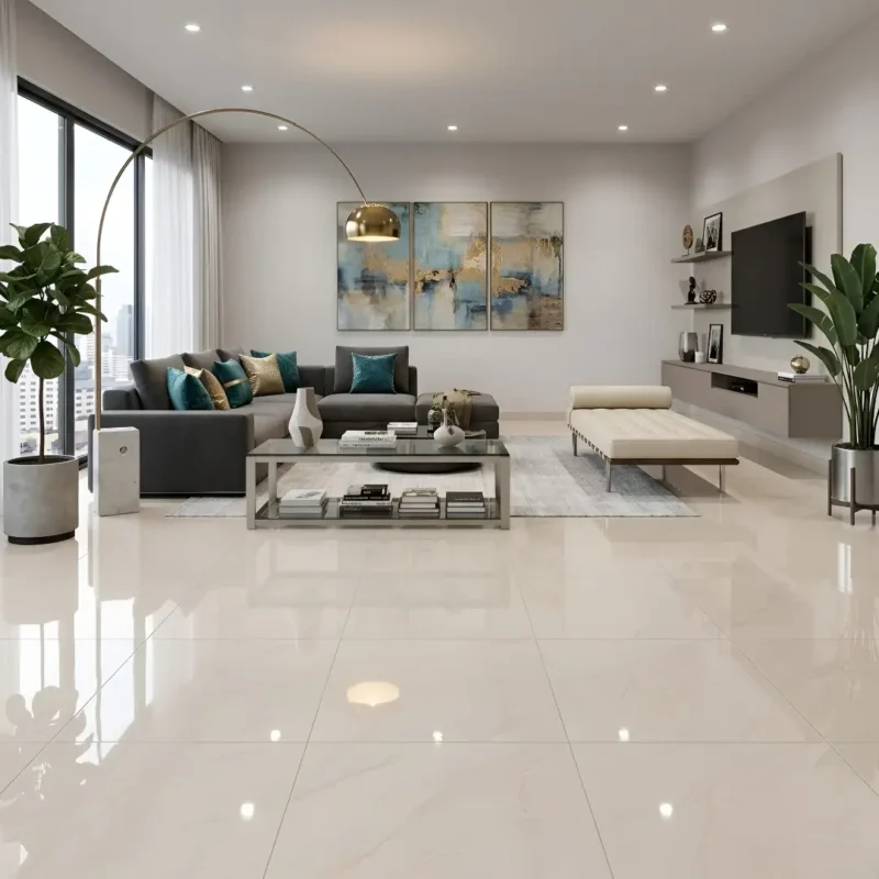 Porcelanato normalizado beige brillante 60x60 cm marmolizado con vetas elegantes para pisos interiores | MARKET CERÁMICO