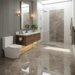 Porcelanato Broncita Taupe brillante rectificado 60x120 cm con diseño tipo piedra natural, vetas suaves y acabado destonificado