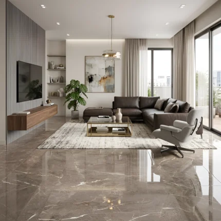 Porcelanato Broncita Taupe brillante rectificado 60x120 cm con diseño tipo piedra natural, vetas suaves y acabado destonificado