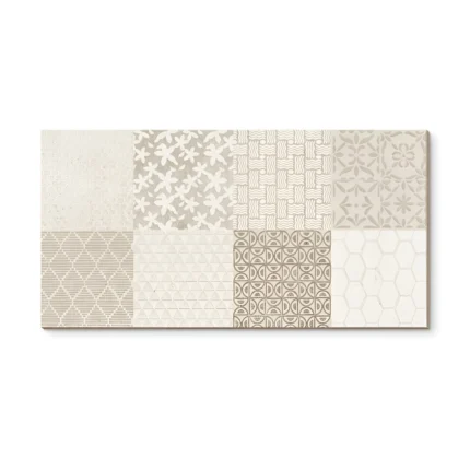 Mayólica Vento Mix Beige 30x60 cm con diseño de patrones geométricos y orgánicos en tonos beige, acabado brillante para revestimiento de pared elegante.