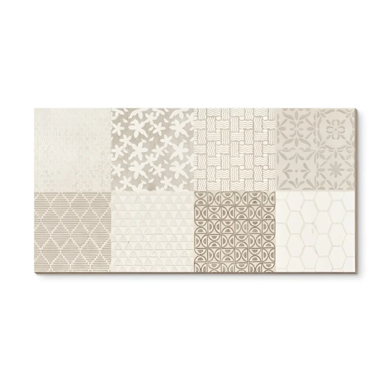 Mayólica Vento Mix Beige 30x60 cm con diseño de patrones geométricos y orgánicos en tonos beige, acabado brillante para revestimiento de pared elegante.