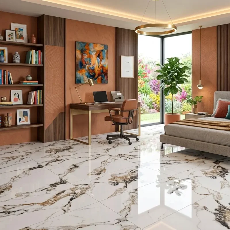 Porcelanato calacatta marrón 60x60 tipo mármol con vetas oscuras para pisos y paredes