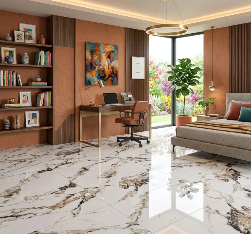 Porcelanato calacatta marrón 60x60 tipo mármol con vetas oscuras para pisos y paredes