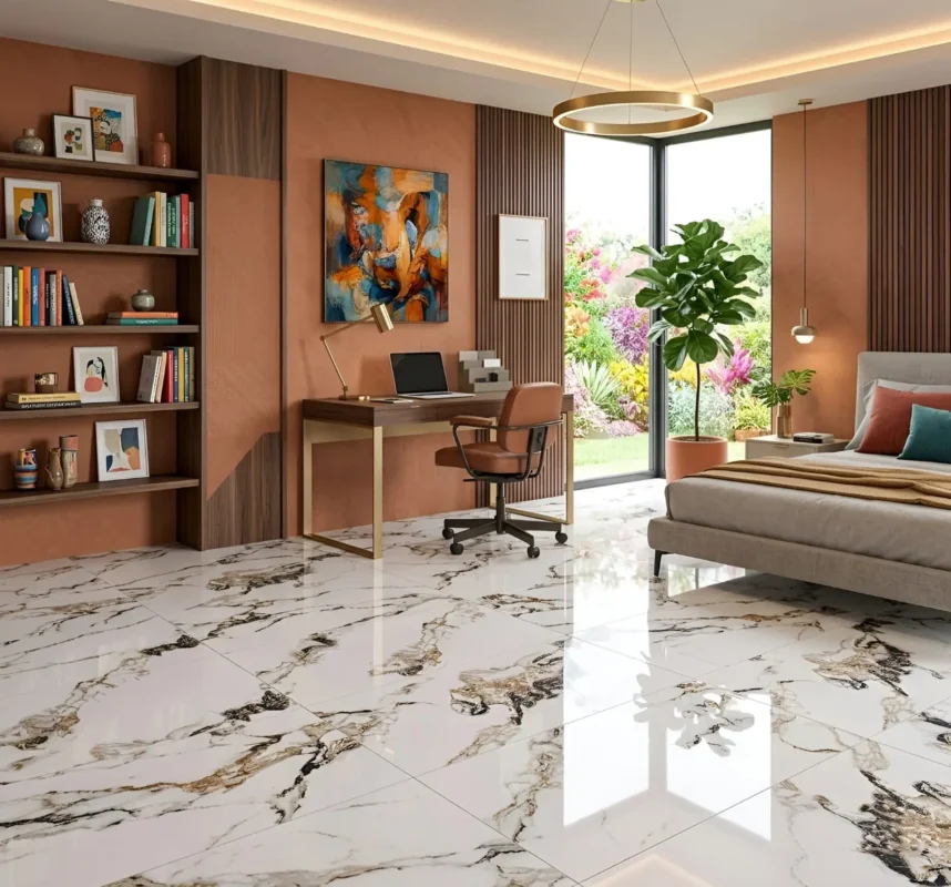 Porcelanato calacatta marrón 60x60 tipo mármol con vetas oscuras para pisos y paredes