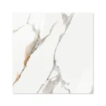 Porcelanato Vitri Calacatta Dorado 60x60 brillante con diseño mármol blanco, vetas grises y detalles dorados disponible en Market Cerámico