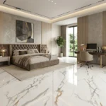 Porcelanato Vitri Calacatta Dorado 60x60 brillante con diseño mármol blanco, vetas grises y detalles dorados disponible en Market Cerámico