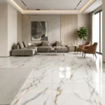 Porcelanato Vitri Calacatta Dorado 60x60 brillante con diseño mármol blanco, vetas grises y detalles dorados disponible en Market Cerámico