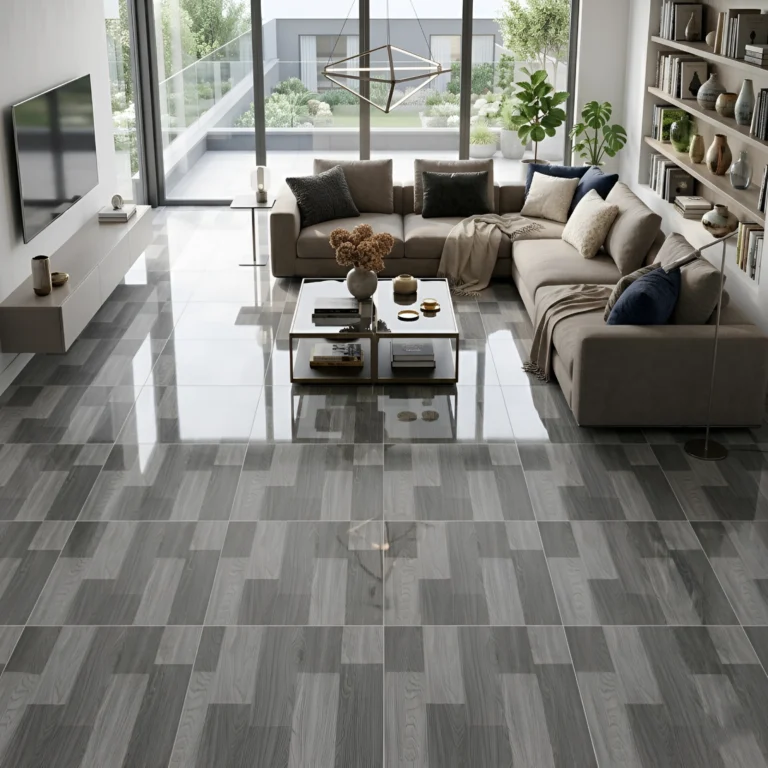 Porcelanato Vitri Dallas Grey 60x60 cm tipo parquet madera gris claro con vetas grises, acabado brillante para pisos de sala, cocina y dormitorios modernos | Market Cerámico