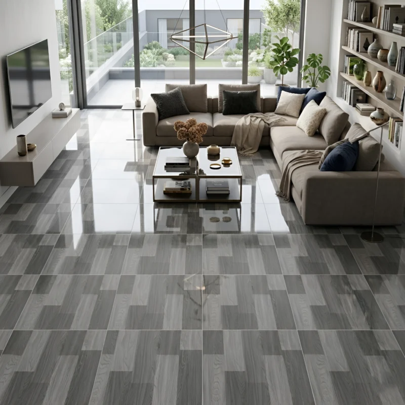 Porcelanato Vitri Dallas Grey 60x60 cm tipo parquet madera gris claro con vetas grises, acabado brillante para pisos de sala, cocina y dormitorios modernos | Market Cerámico