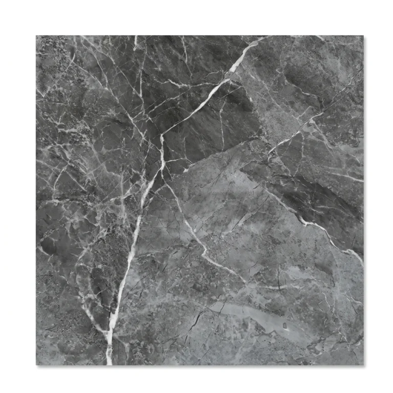 Porcelanato Vitri Emperador Grey 60x60 brillante vitrificado con diseño mármol gris oscuro y vetas elegantes de caras variadas