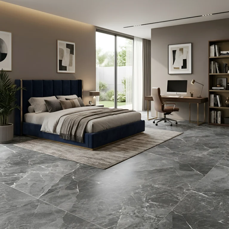 Porcelanato Vitri Emperador Grey 60x60 brillante vitrificado con diseño mármol gris oscuro y vetas elegantes de caras variadas