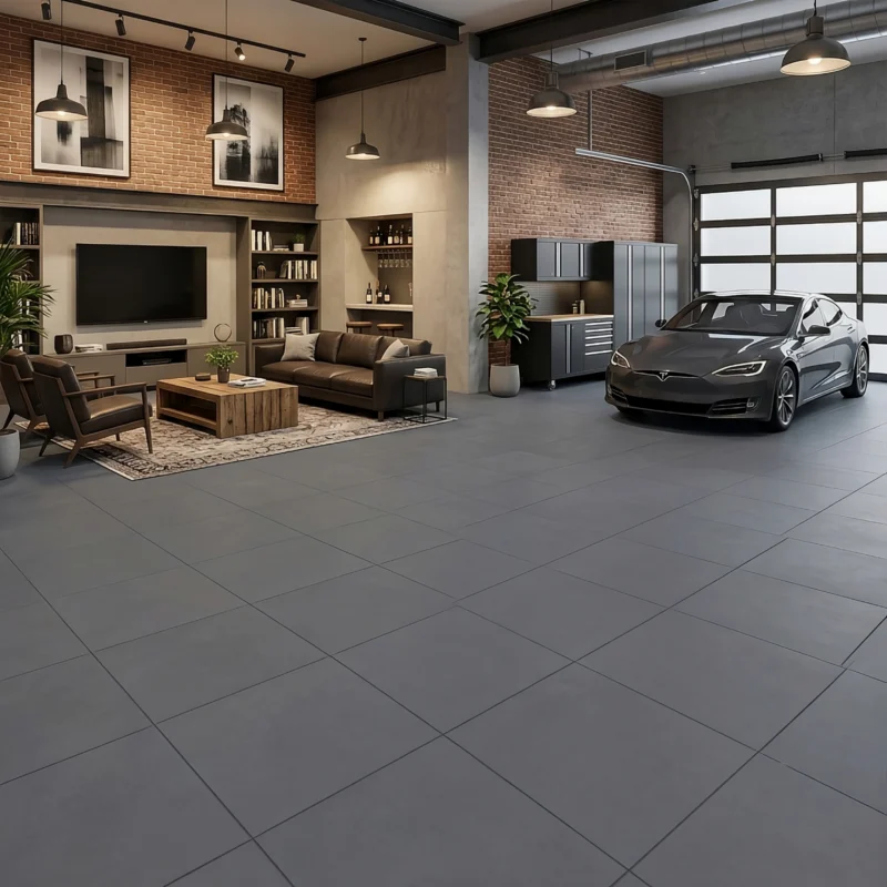 Porcelanato Rústico Grafito 60x60 cm mate color gris grafito, gres porcelánico vitrificado de acabado liso para pisos y paredes de alto tránsito. Disponible en Market Cerámico
